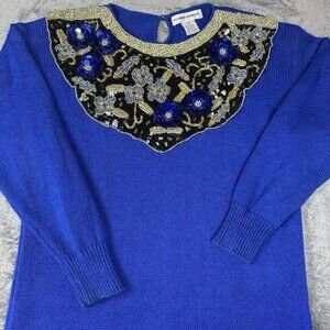 VTG Victoria Harbour Sweater Tunic Shirt Women's Size M Royal Blue Beaded Sequin